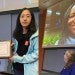 Katherine B. Ensor, the Noah G. Harding Professor of Statistics, recognizes Huiming Lin with the James Thompson Student Award. On right: Emma Zohner accepts the award virtually.